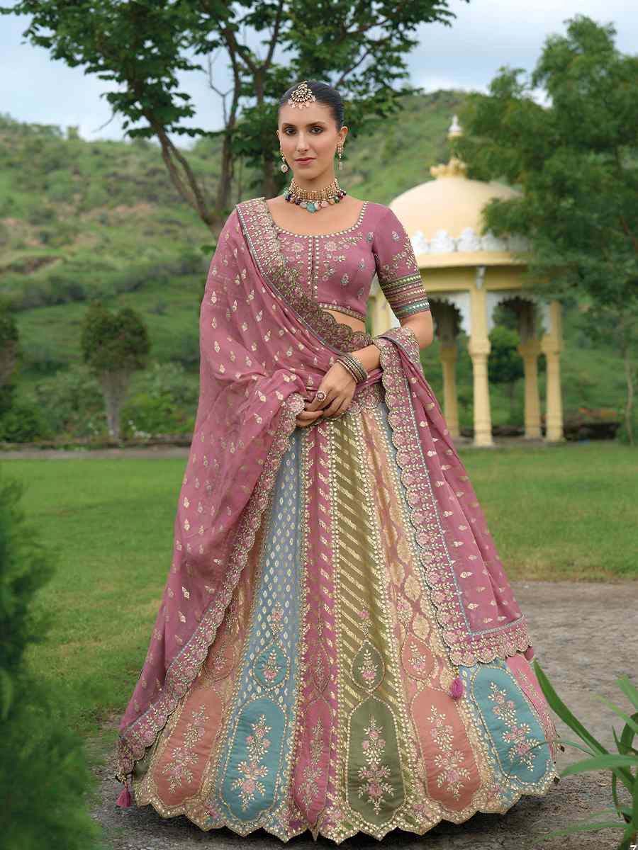 Multi Heavy Silk Embroidery Wedding Reception Party Wear Heavy Border Lehenga Choli