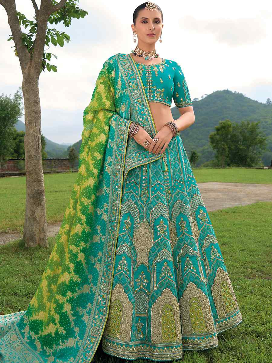 Multi Heavy Silk Embroidery Wedding Reception Party Wear Heavy Border Lehenga Choli