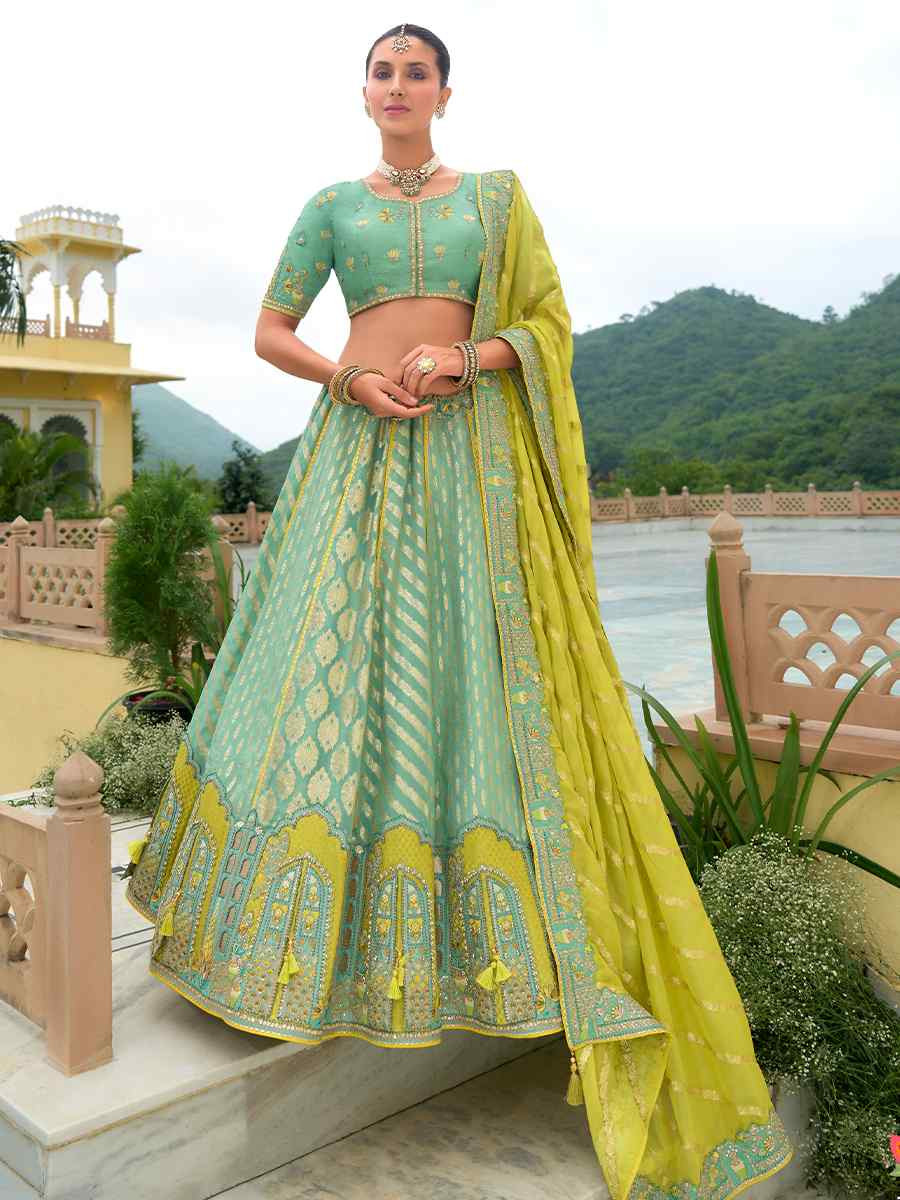 Multi Heavy Silk Embroidery Wedding Reception Party Wear Heavy Border Lehenga Choli