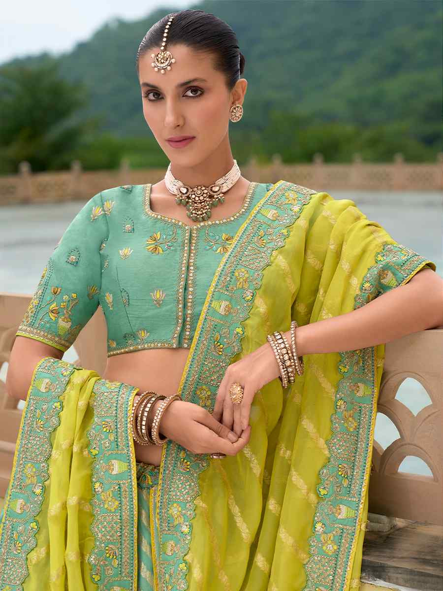 Multi Heavy Silk Embroidery Wedding Reception Party Wear Heavy Border Lehenga Choli