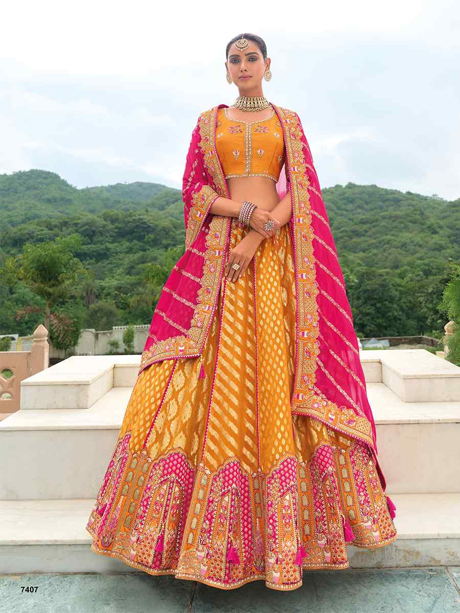 Multi Heavy Silk Embroidery Wedding Reception Party Wear Heavy Border Lehenga Choli