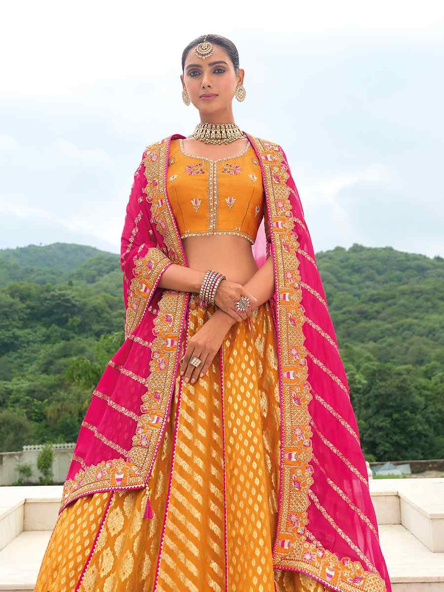 Multi Heavy Silk Embroidery Wedding Reception Party Wear Heavy Border Lehenga Choli