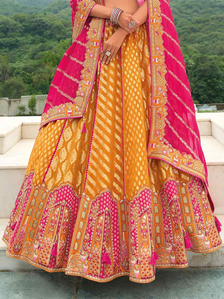 Multi Heavy Silk Embroidery Wedding Reception Party Wear Heavy Border Lehenga Choli