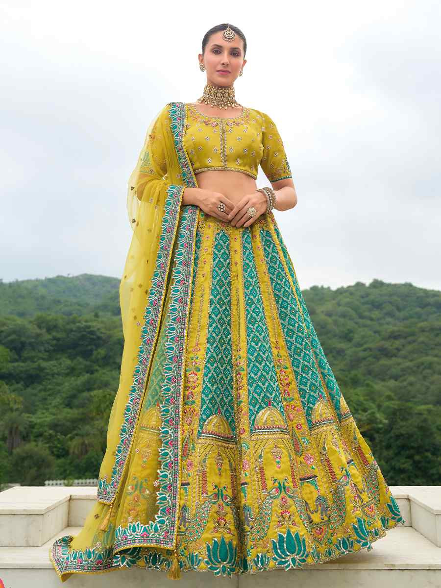 Multi Heavy Silk Embroidery Wedding Reception Party Wear Heavy Border Lehenga Choli