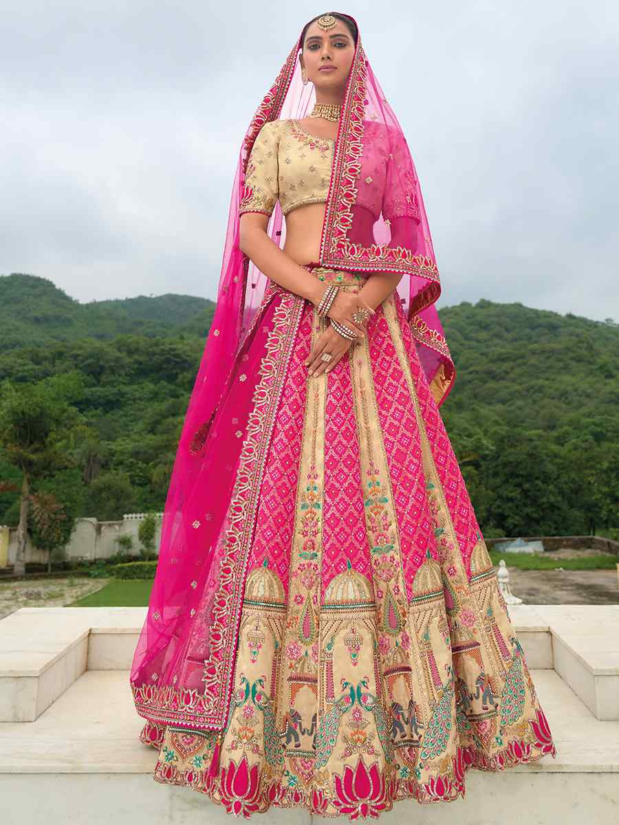 Multi Heavy Silk Embroidery Wedding Reception Party Wear Heavy Border Lehenga Choli