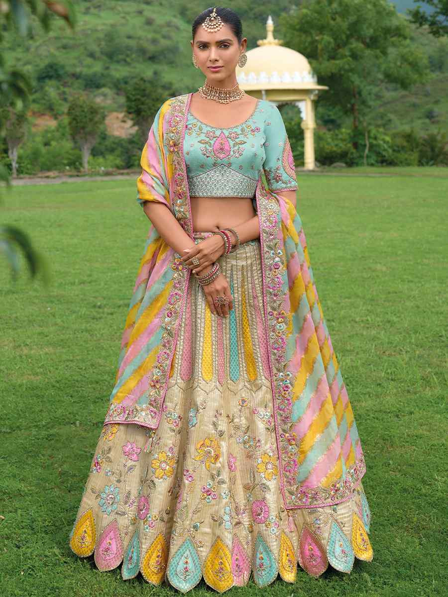 Multi Heavy Silk Embroidery Wedding Reception Party Wear Heavy Border Lehenga Choli