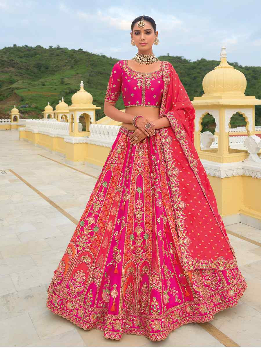 Multi Heavy Silk Embroidery Wedding Reception Party Wear Heavy Border Lehenga Choli