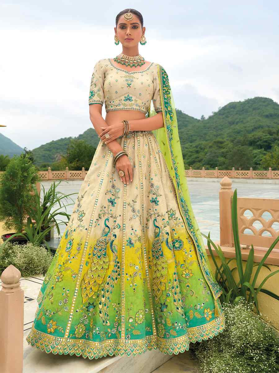 Multi Heavy Silk Embroidery Wedding Reception Party Wear Heavy Border Lehenga Choli