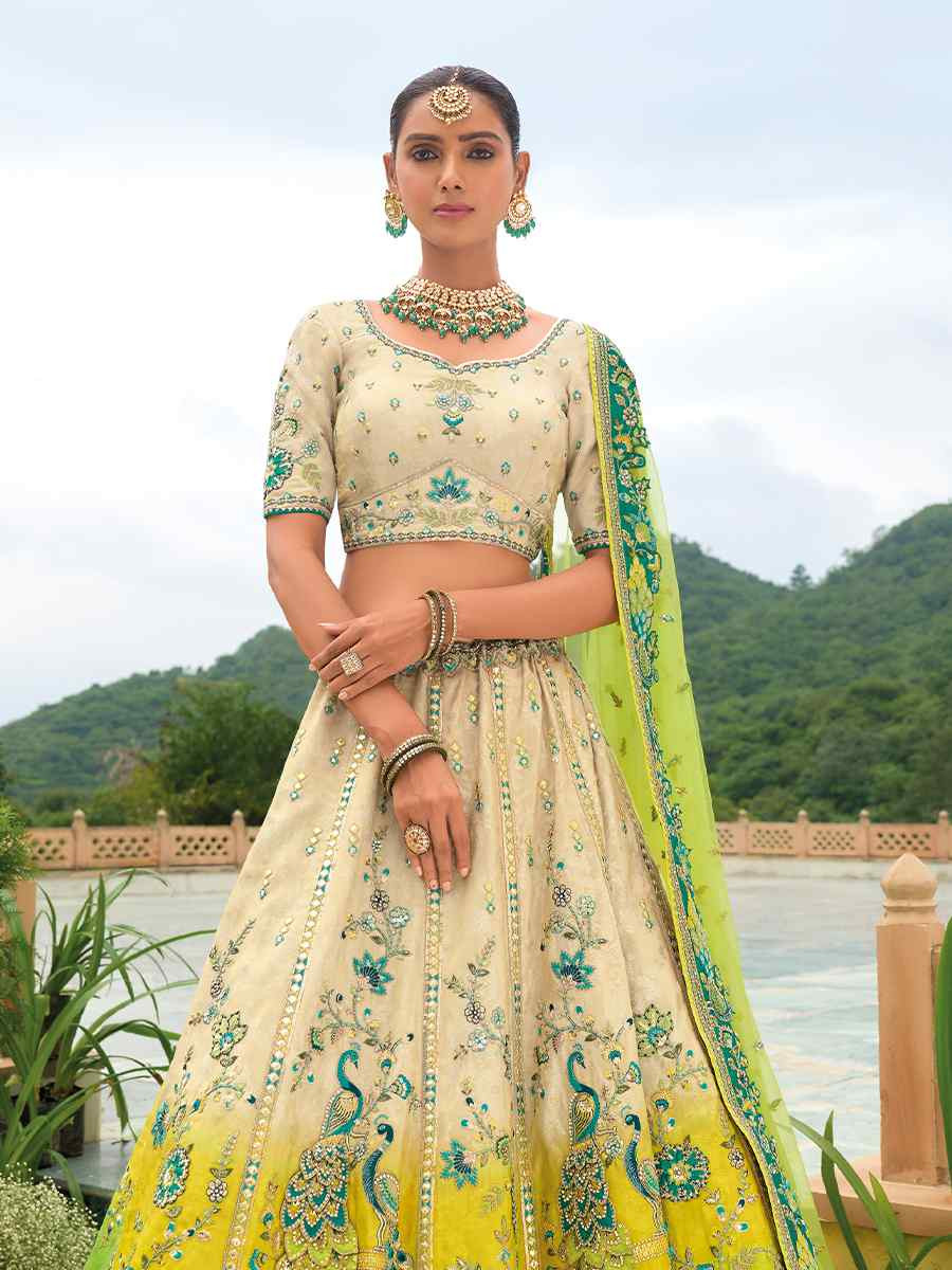 Multi Heavy Silk Embroidery Wedding Reception Party Wear Heavy Border Lehenga Choli