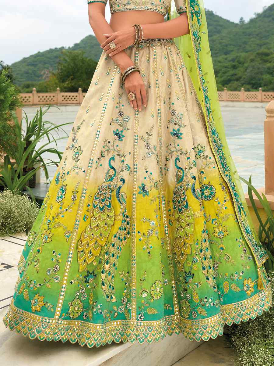 Multi Heavy Silk Embroidery Wedding Reception Party Wear Heavy Border Lehenga Choli