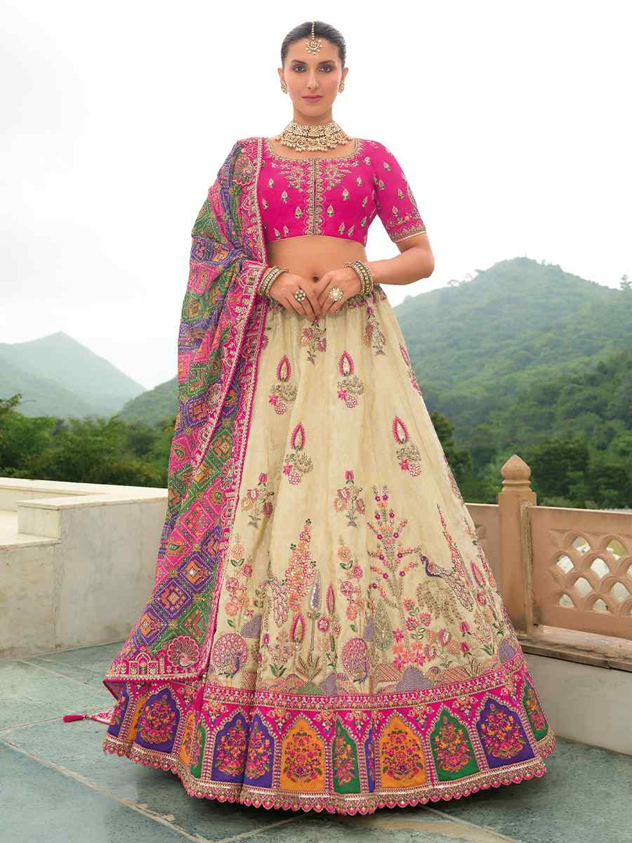 Multi Heavy Silk Embroidery Wedding Reception Party Wear Heavy Border Lehenga Choli