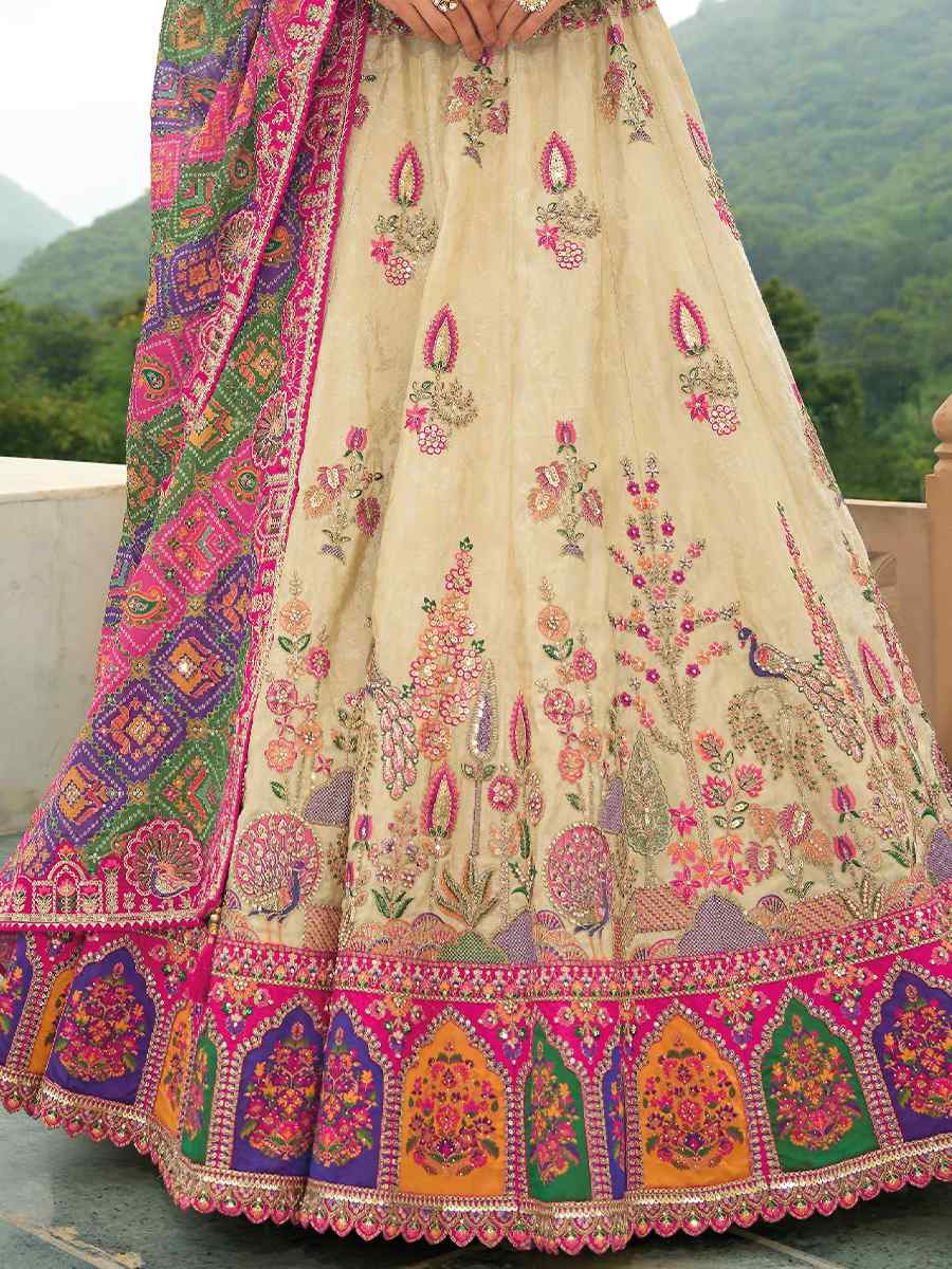 Multi Heavy Silk Embroidery Wedding Reception Party Wear Heavy Border Lehenga Choli