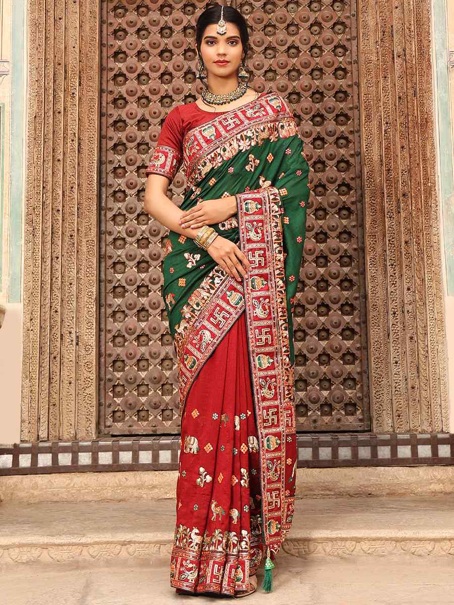 Multi Heavy Soft Silk Embroidered Party Reception Heavy Border Saree