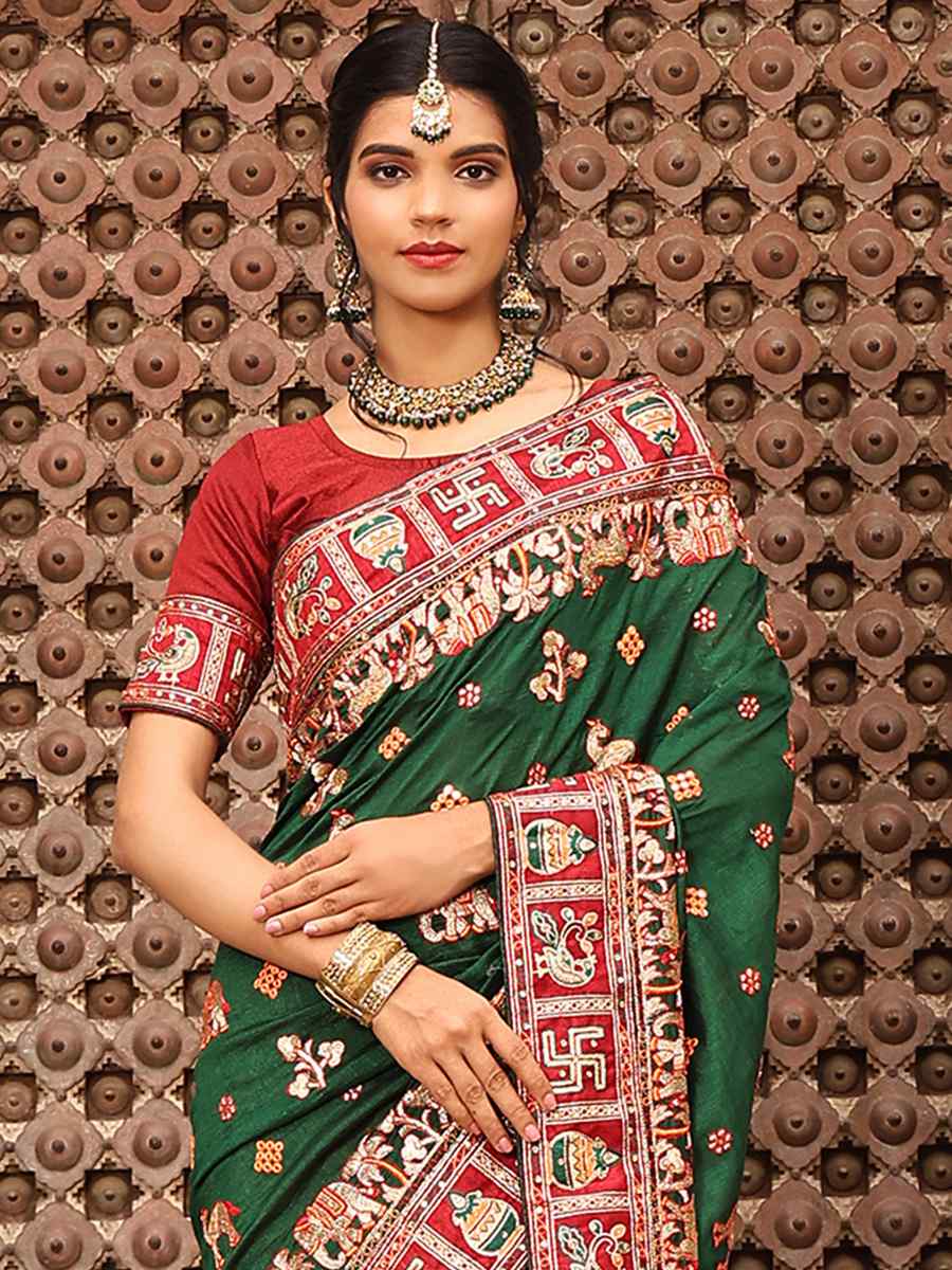 Multi Heavy Soft Silk Embroidered Party Reception Heavy Border Saree