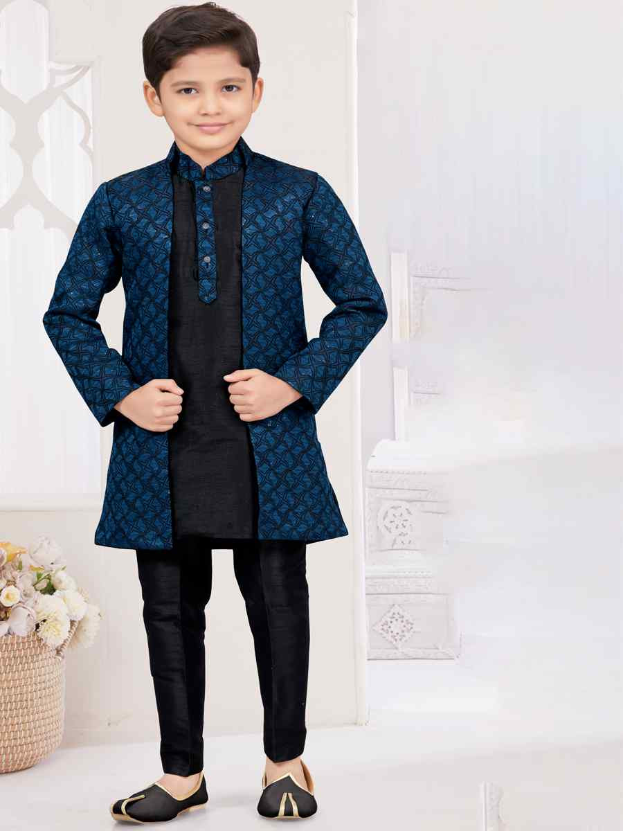 Multi Jacquard Banarasi Silk Embroidered Festival Wedding Kurta Pyjama Boys Wear