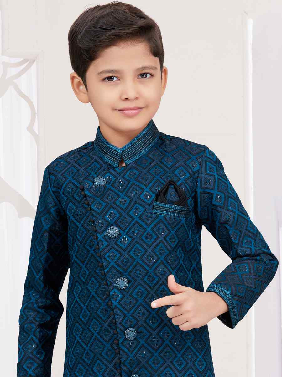 Multi Jacquard Banarasi Silk Embroidered Festival Wedding Kurta Pyjama Boys Wear