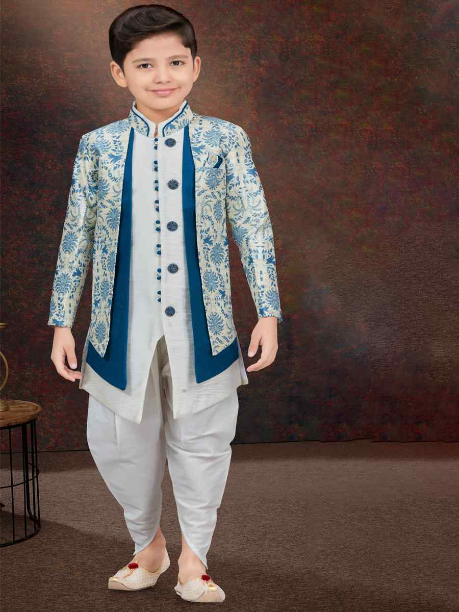 Multi Jacquard Banarasi Silk Embroidered Festival Wedding Kurta Pyjama Boys Wear