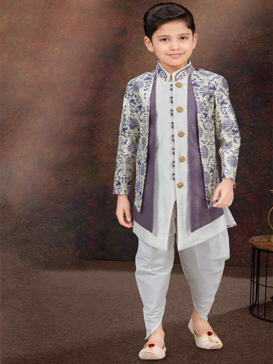 Multi Jacquard Banarasi Silk Embroidered Festival Wedding Kurta Pyjama Boys Wear