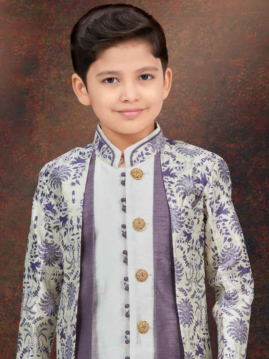 Multi Jacquard Banarasi Silk Embroidered Festival Wedding Kurta Pyjama Boys Wear