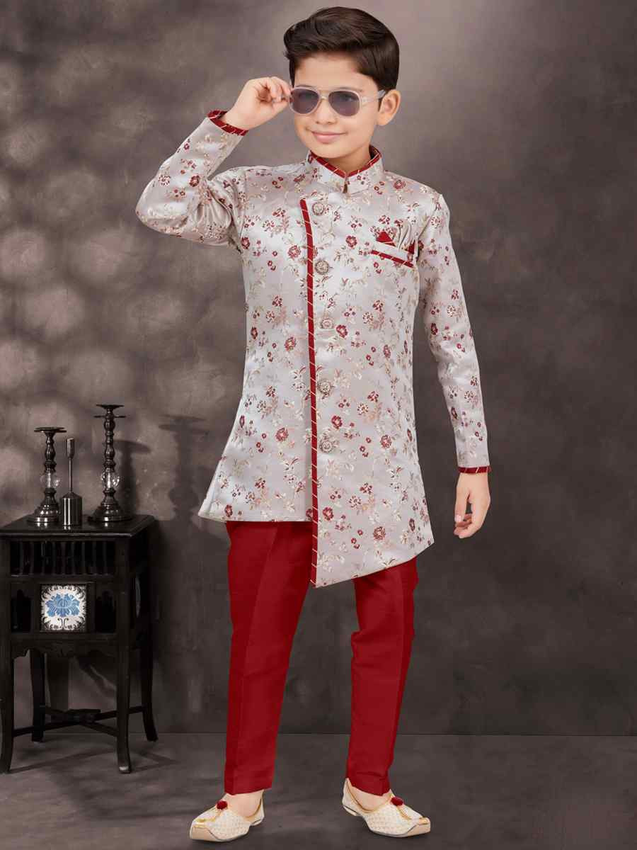 Multi Jacquard Banarasi Silk Embroidered Festival Wedding Kurta Pyjama Boys Wear