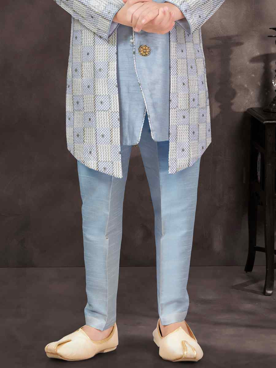 Multi Jacquard Banarasi Silk Embroidered Festival Wedding Kurta Pyjama Boys Wear