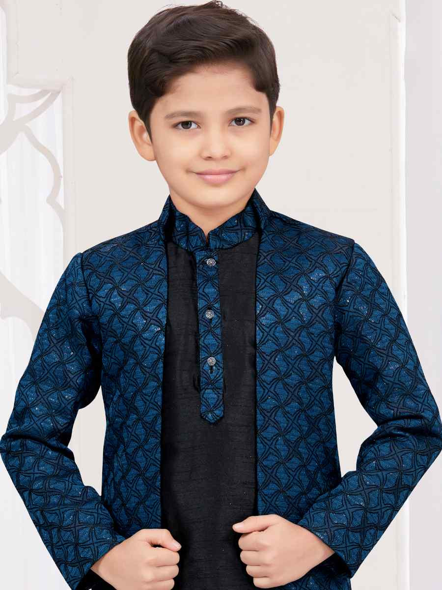 Multi Jacquard Banarasi Silk Embroidered Festival Wedding Kurta Pyjama Boys Wear