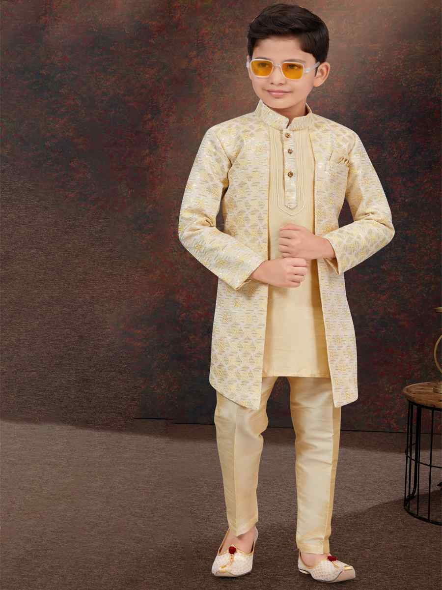 Multi Jacquard Banarasi Silk Embroidered Festival Wedding Kurta Pyjama Boys Wear