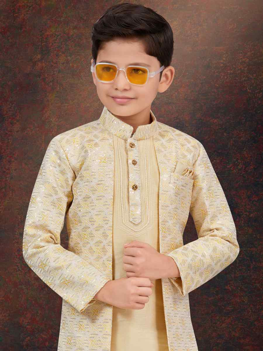 Multi Jacquard Banarasi Silk Embroidered Festival Wedding Kurta Pyjama Boys Wear