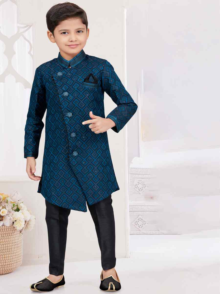 Multi Jacquard Banarasi Silk Embroidered Festival Wedding Kurta Pyjama Boys Wear