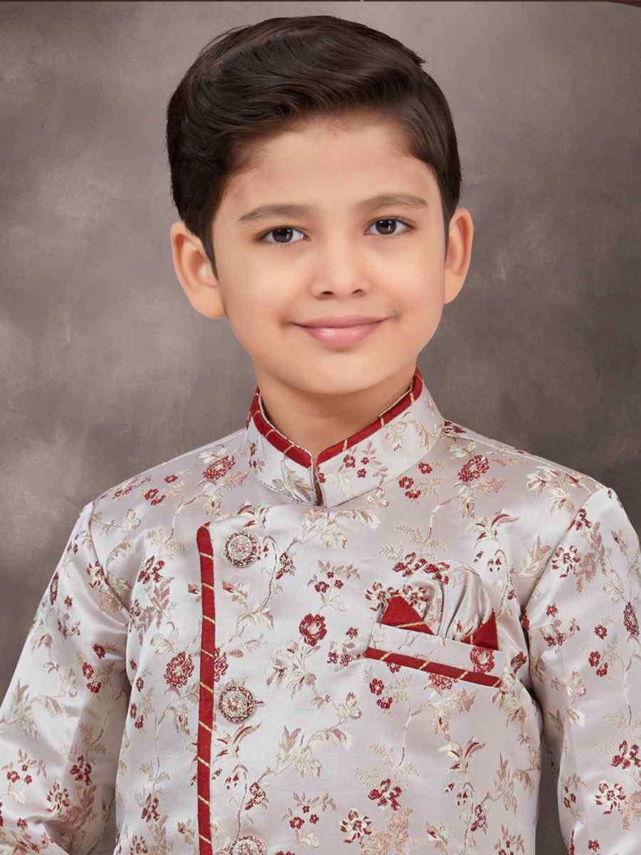 Multi Jacquard Banarasi Silk Embroidered Festival Wedding Kurta Pyjama Boys Wear