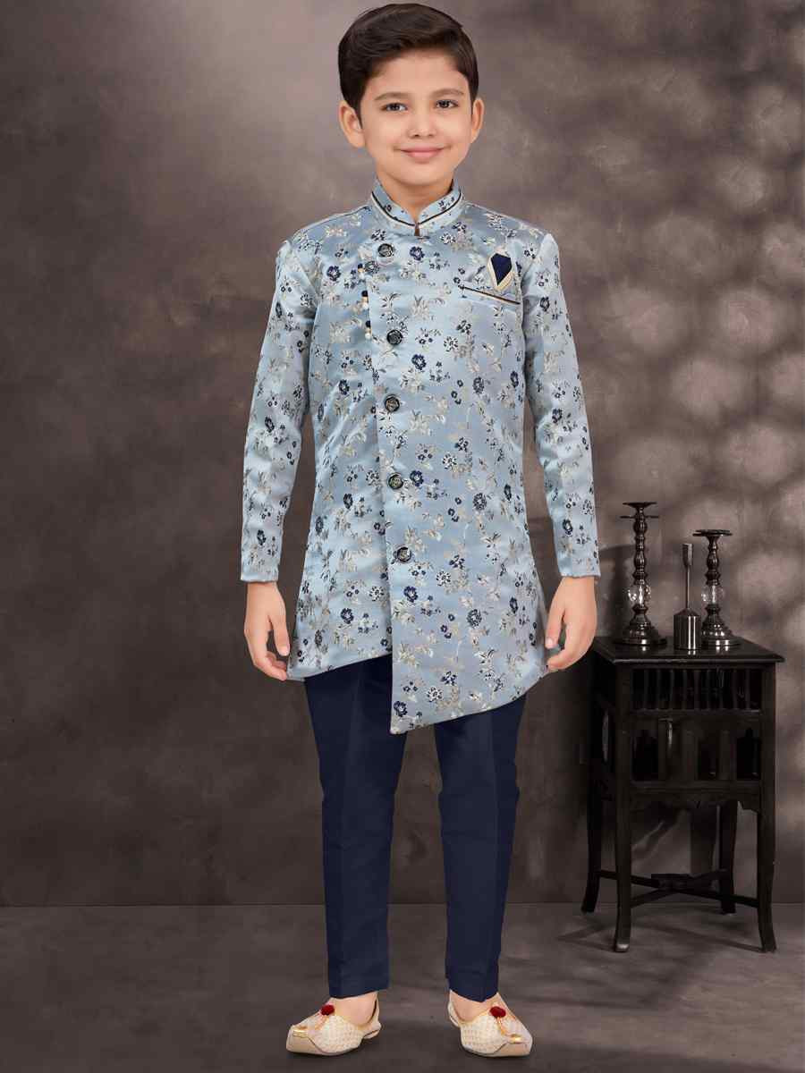 Multi Jacquard Banarasi Silk Embroidered Festival Wedding Kurta Pyjama Boys Wear