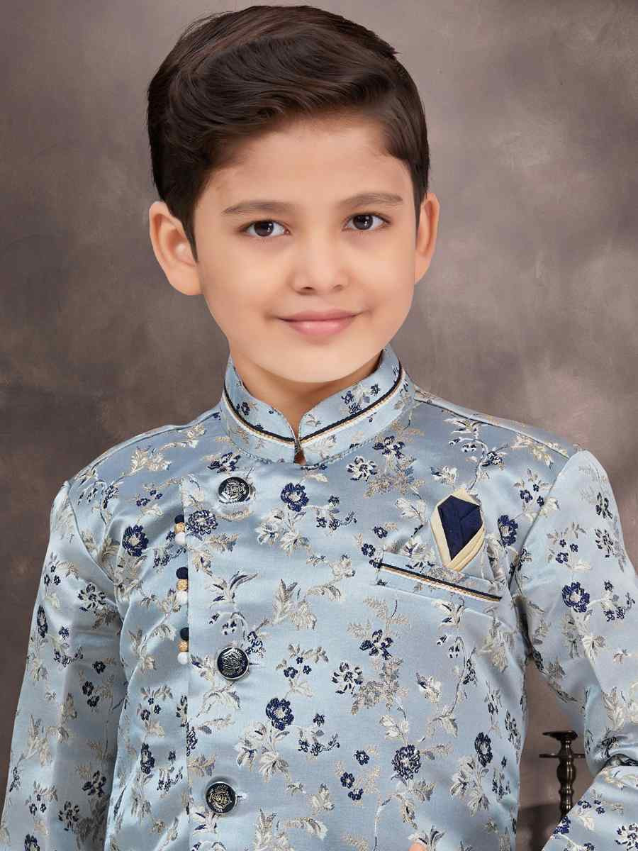 Multi Jacquard Banarasi Silk Embroidered Festival Wedding Kurta Pyjama Boys Wear