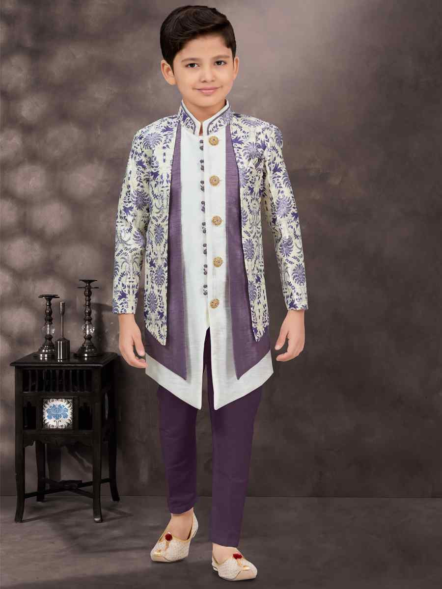 Multi Jacquard Banarasi Silk Embroidered Festival Wedding Kurta Pyjama Boys Wear