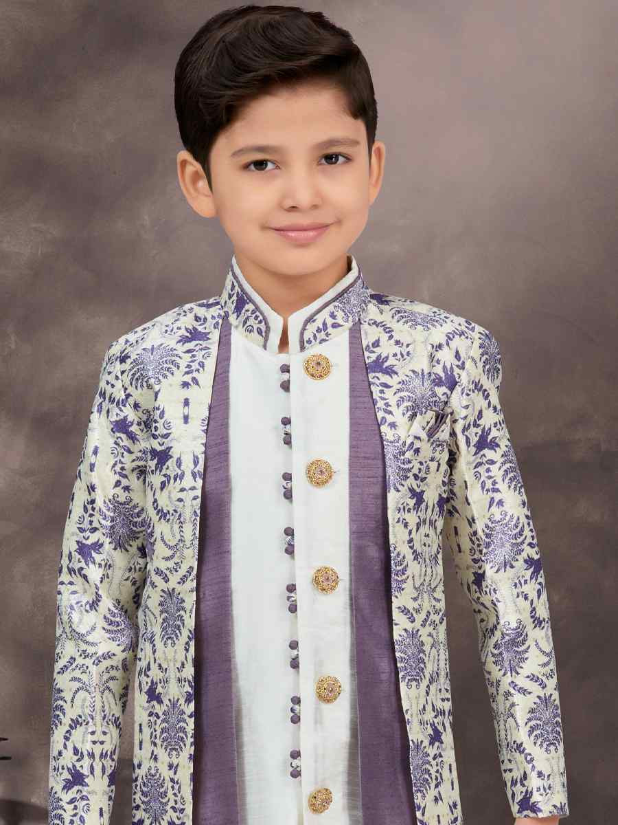 Multi Jacquard Banarasi Silk Embroidered Festival Wedding Kurta Pyjama Boys Wear