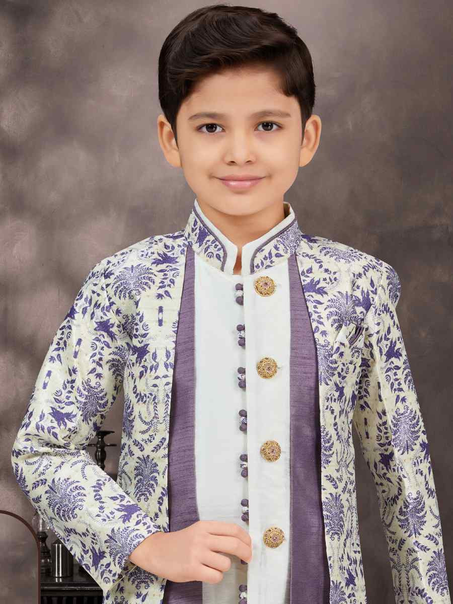 Multi Jacquard Banarasi Silk Embroidered Festival Wedding Kurta Pyjama Boys Wear