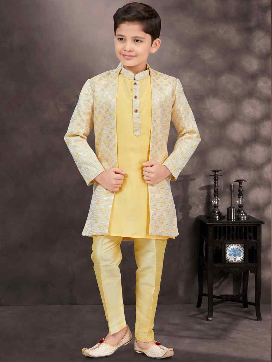 Multi Jacquard Banarasi Silk Embroidered Festival Wedding Kurta Pyjama Boys Wear