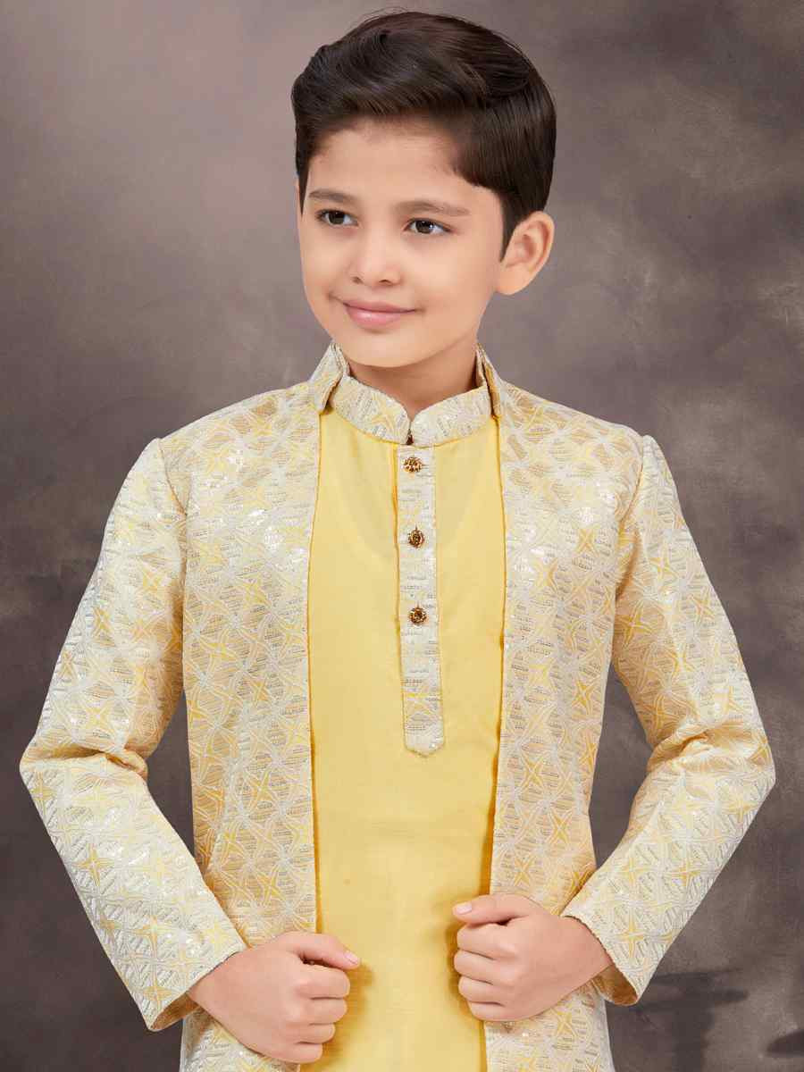 Multi Jacquard Banarasi Silk Embroidered Festival Wedding Kurta Pyjama Boys Wear