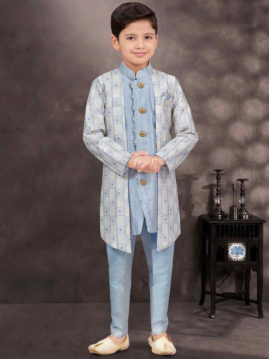 Multi Jacquard Banarasi Silk Embroidered Festival Wedding Kurta Pyjama Boys Wear