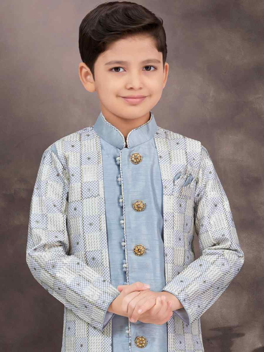 Multi Jacquard Banarasi Silk Embroidered Festival Wedding Kurta Pyjama Boys Wear