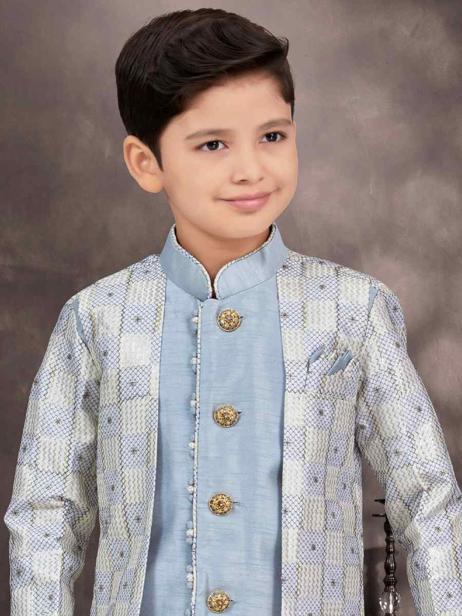 Multi Jacquard Banarasi Silk Embroidered Festival Wedding Kurta Pyjama Boys Wear