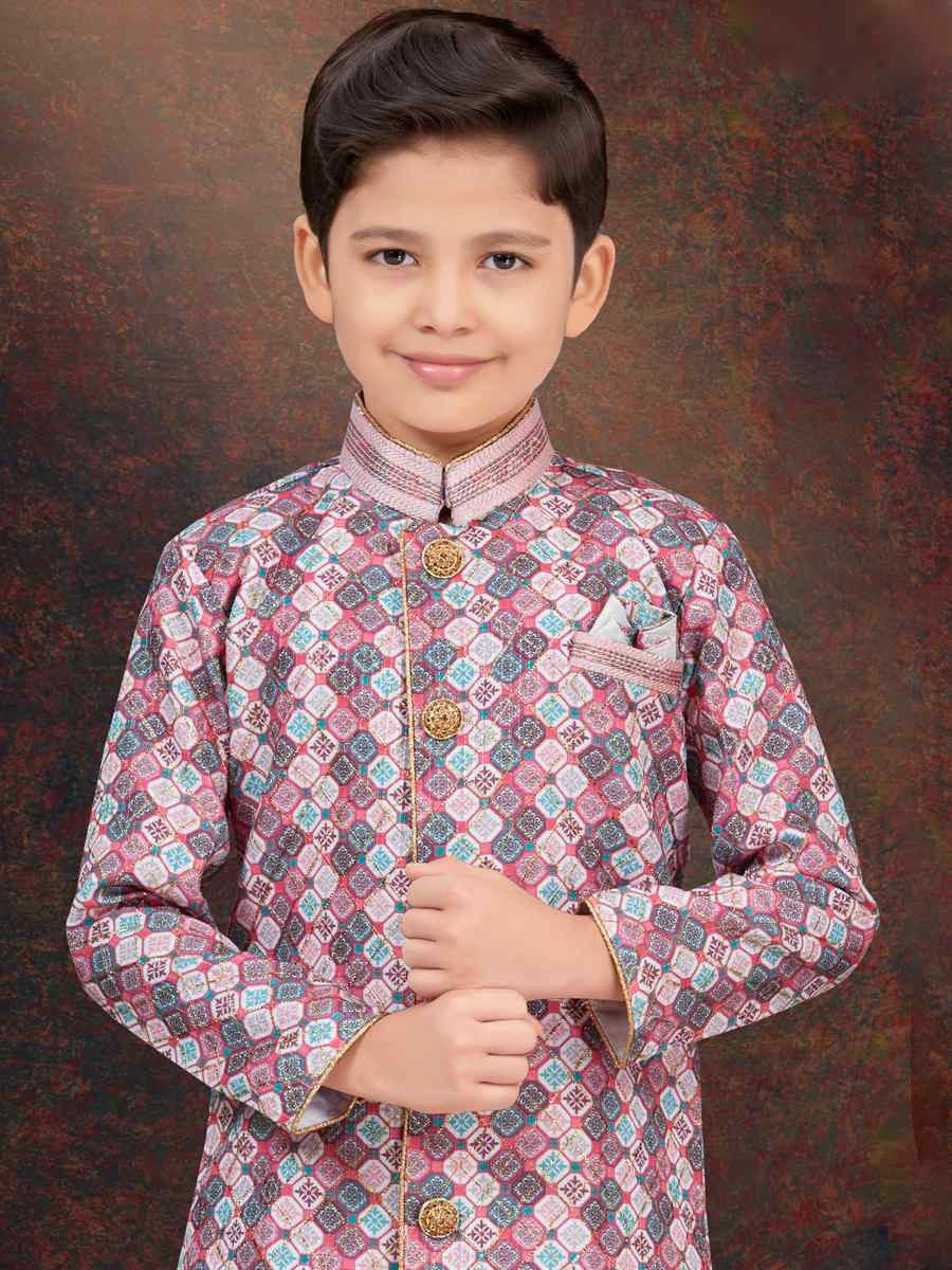 Multi Jacquard Embroidered Festival Wedding Kurta Pyjama Boys Wear