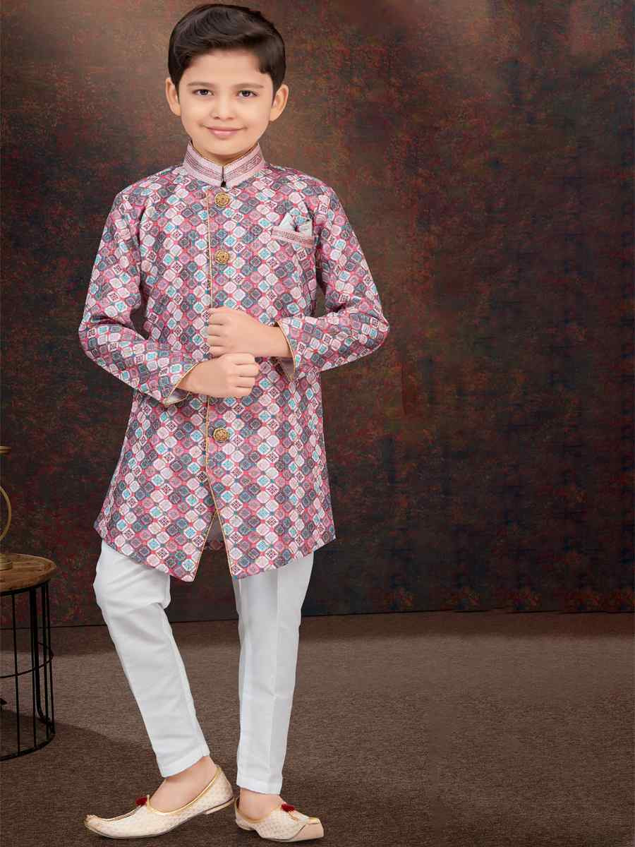 Multi Jacquard Embroidered Festival Wedding Kurta Pyjama Boys Wear