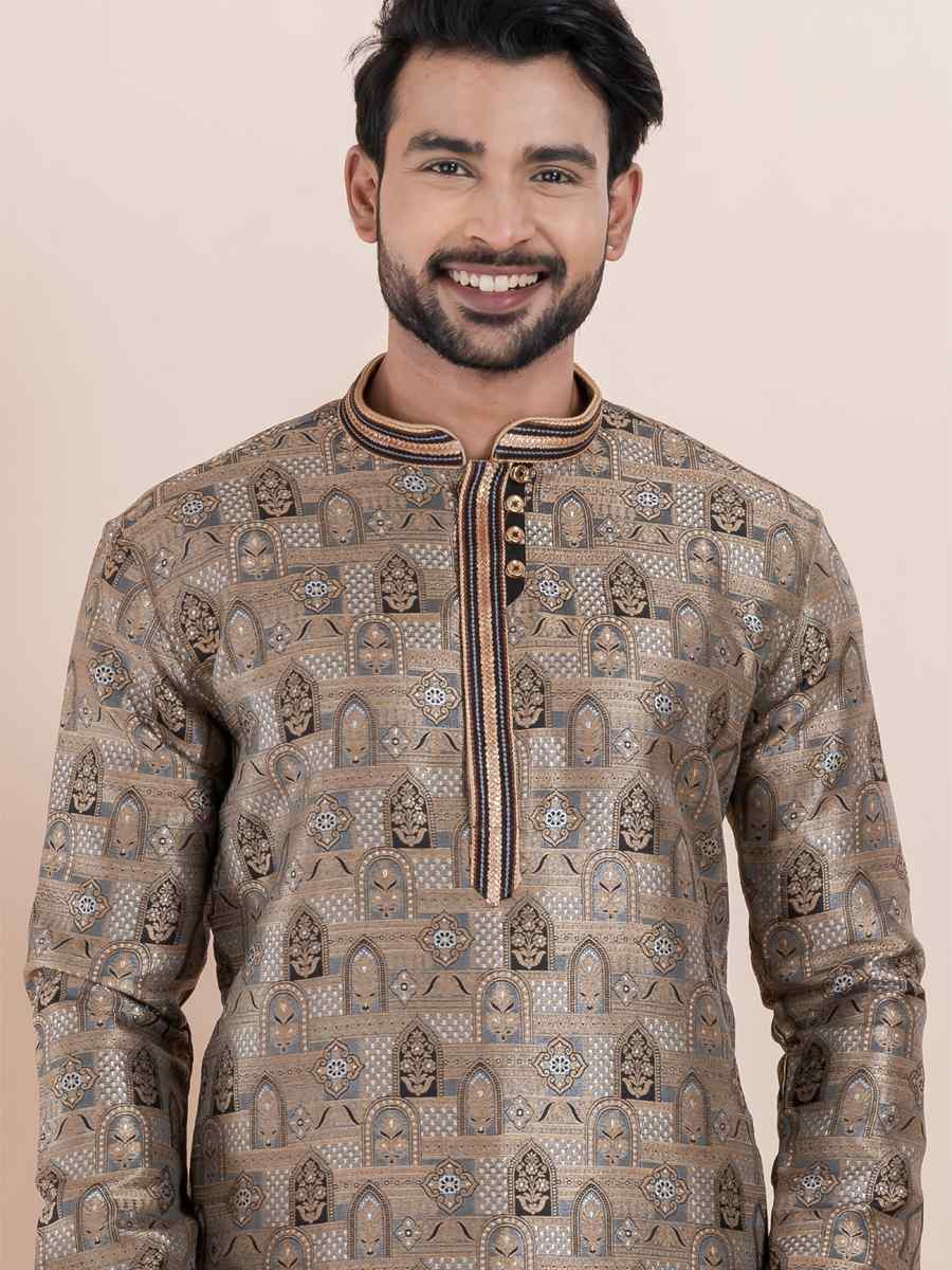 Multi Jacquard Silk Embroidered Festival Wedding Kurta Pyjama Men's Wear