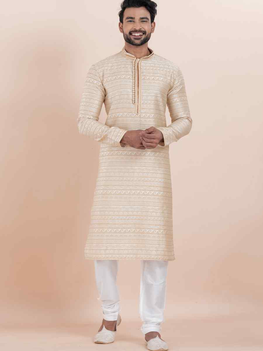 Multi Jacquard Silk Embroidered Festival Wedding Kurta Pyjama Men's Wear