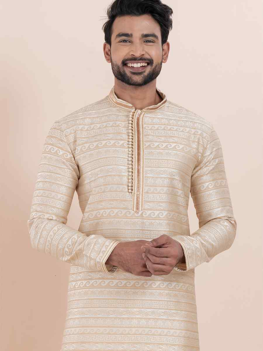 Multi Jacquard Silk Embroidered Festival Wedding Kurta Pyjama Men's Wear