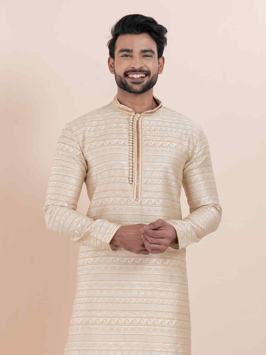 Multi Jacquard Silk Embroidered Festival Wedding Kurta Pyjama Men's Wear