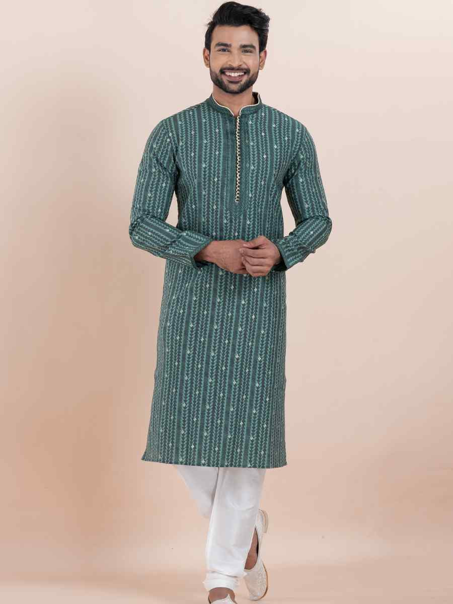 Multi Jacquard Silk Embroidered Festival Wedding Kurta Pyjama Men's Wear