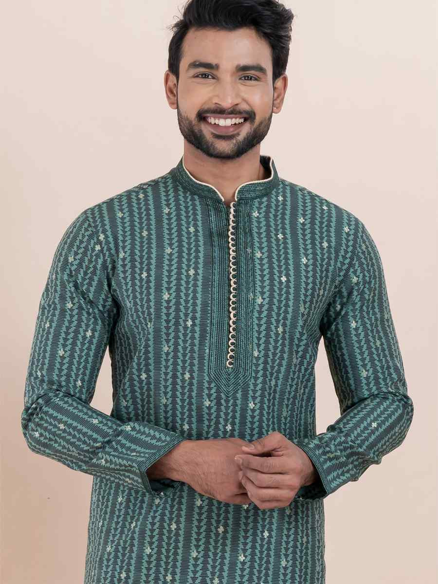 Multi Jacquard Silk Embroidered Festival Wedding Kurta Pyjama Men's Wear