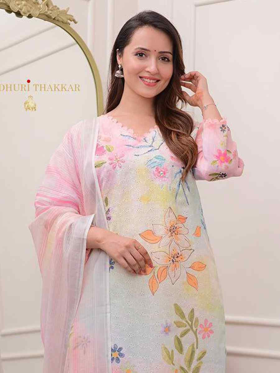 Multi Linen Cotton Embroidered Festival Casual Ready Pant Salwar Kameez