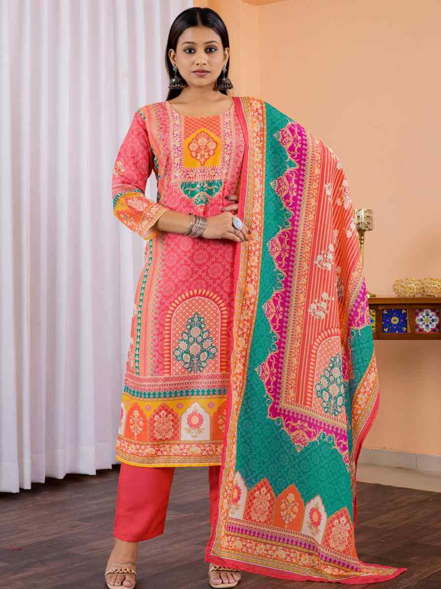 Multi Maslin Embroidered Festival Mehendi Ready Pant Salwar Kameez